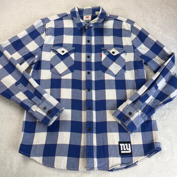 Levi’s NY Giants Plaid Button Down Flannel Shirt size medium NFL blue white - Picture 1 of 9